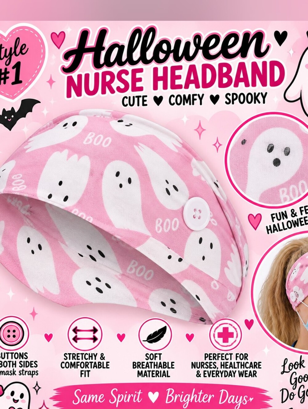 Halloween Nurse Headband - Pink Ghost Print!!